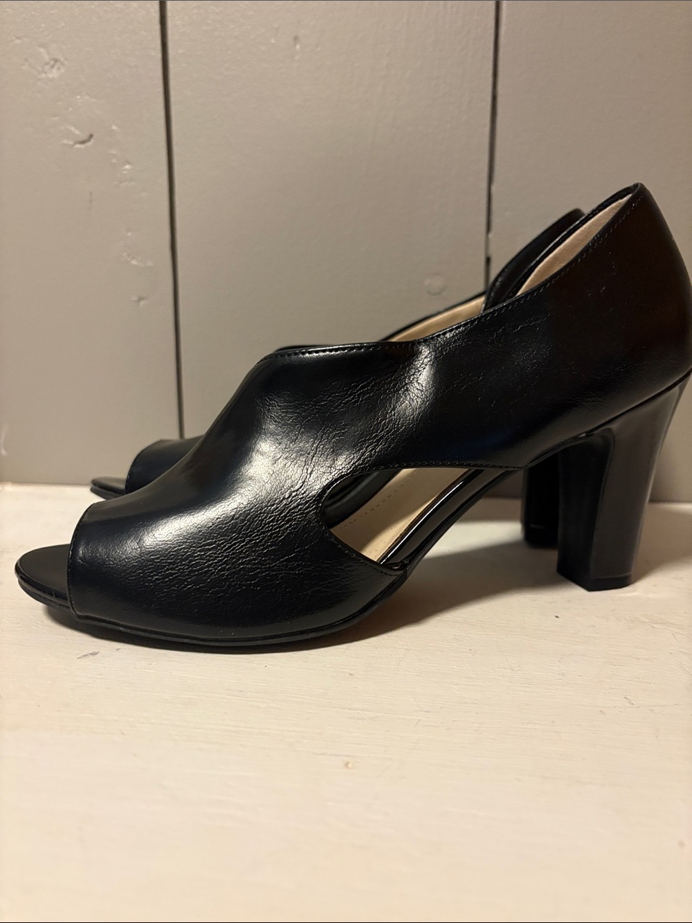 Life Stride Black Peep-Toe Cutout Block Heels